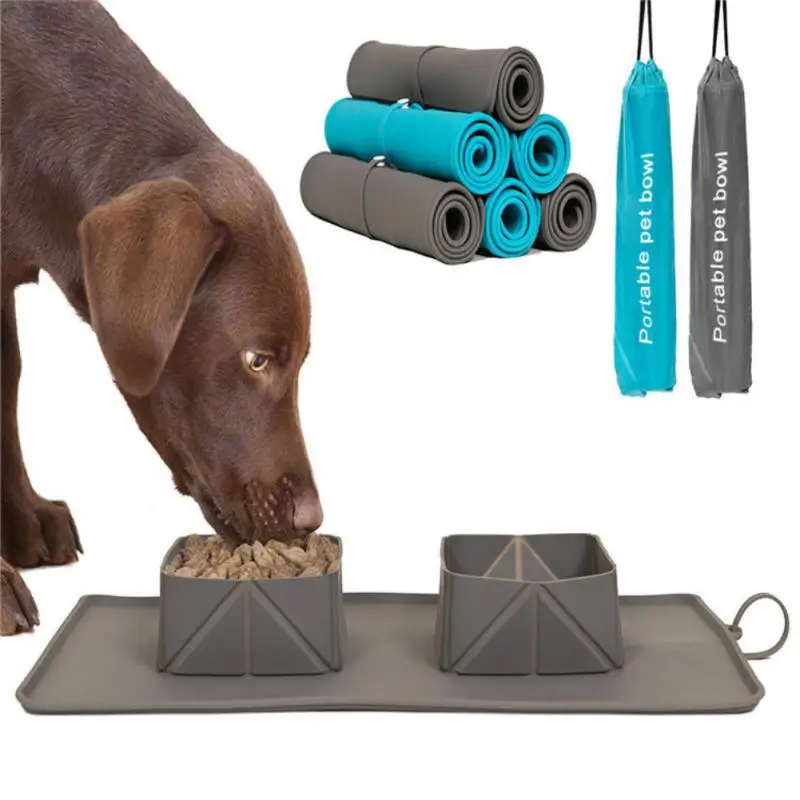 

Pet Dog Travel Bowls Silicone Folding Pet Bowl Non-slip Dog Double Bowl Flannel Bag Dog Bowl Outdoor Pet Portable Dogs Bowl Food