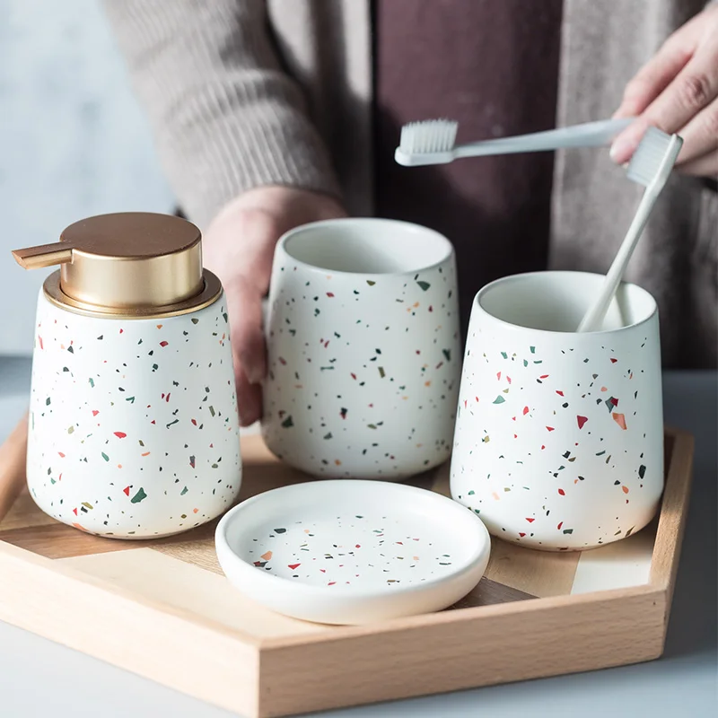 

400ml Simple Bathroom Decoration Ceramic Bathroom 3-piece Lotion Bottle Mouthwash Cup Soap Dish Round Terrazzo Bathroom Supplies