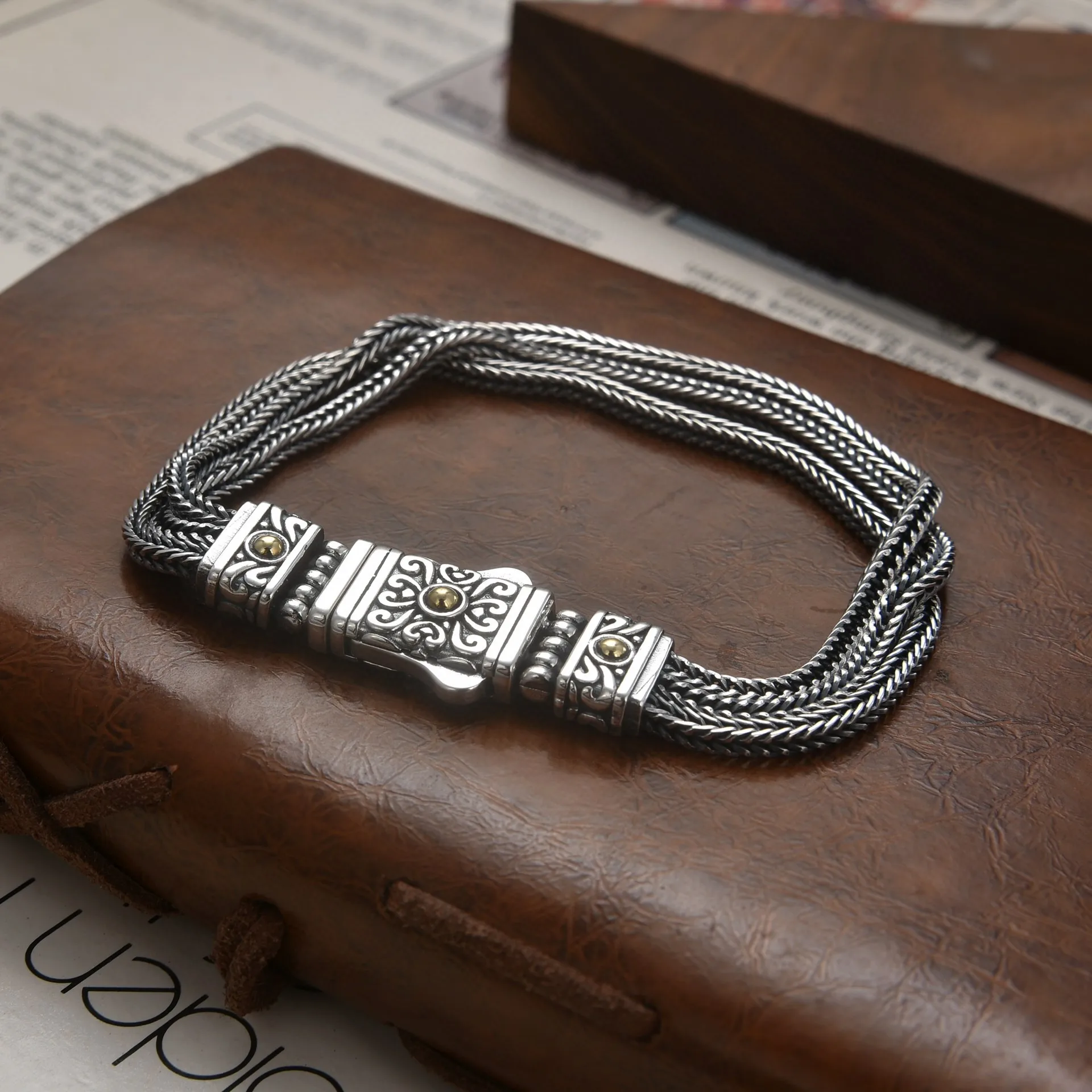 

Винтажный двухслойный браслет из тайского серебра S925 пробы, импортная итальянская цепочка с лисьим хвостом, трендовый браслет ручной работы с цветами