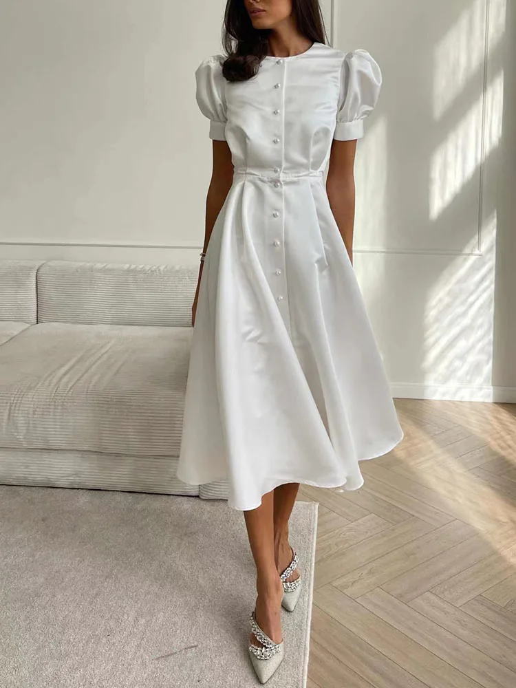 

Платье-миди женское ТРАПЕЦИЕВИДНОЕ, Элегантное однобортное офисное платье с разрезом, жемчужинами, с коротким пышным рукавом, юбка-миди с д...