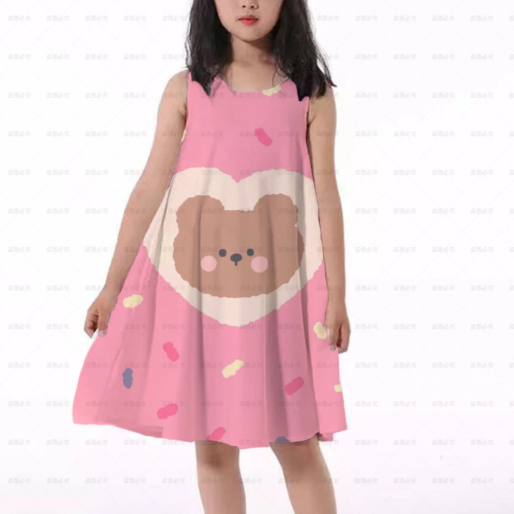 

Платье принцессы для девочек, Новинка лета 2022, платье без рукавов с круглым вырезом и рисунком медведя из мультфильма, с коротким рукавом