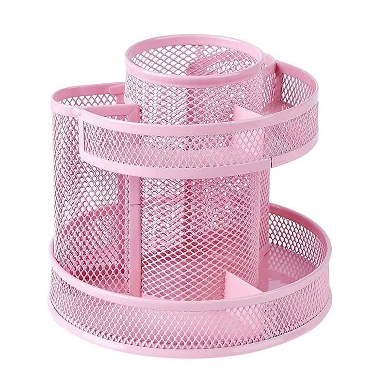 

Cute Rotate Desk Organizer Mesh Desk Accessories Pen Holder Spinning Pencil Storage For School Office Supplies - Pink