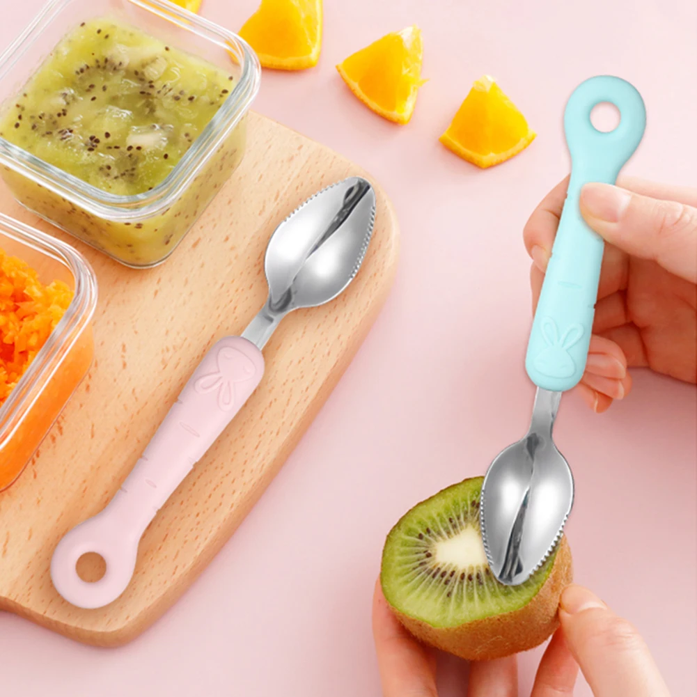 

Non-slip Handle Baby Fruit Scoop Stainless Steel Spoons Rabbit Food Supplement Fruit Scraper Infants Digging Scoops