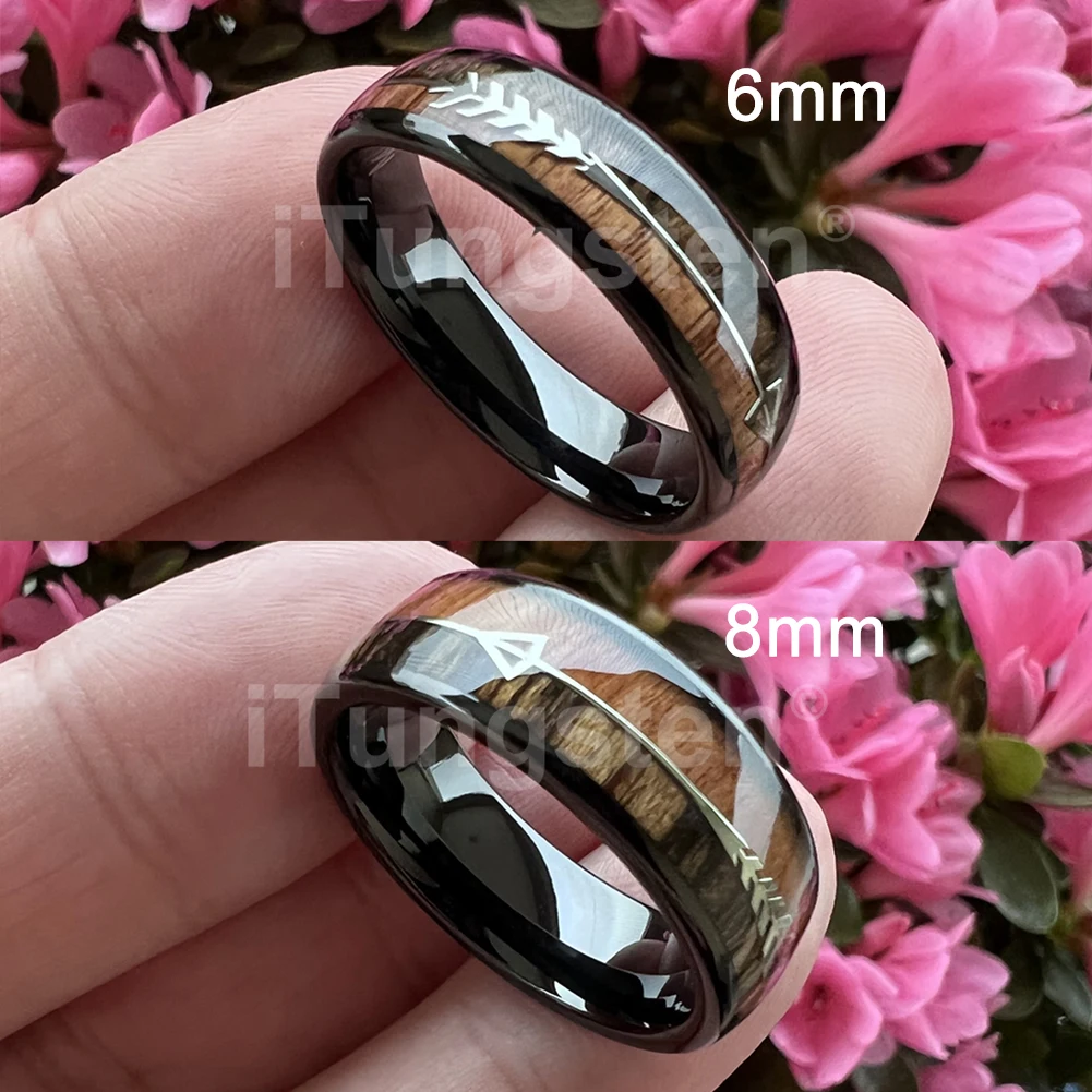 iTungsten 6mm 8mm Tungsten Carbide Ring for Men Women Engagement Wedding Band Fashion Jewelry Arrow Koa Wood Inlay Comfort Fit