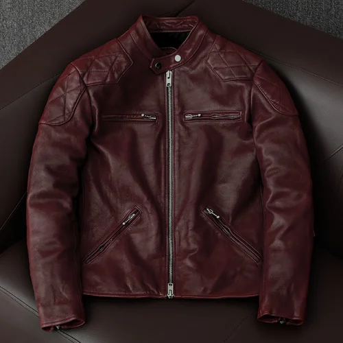 

Vintage Leather Jacket Men Streetwear Motorcycle Jackets Sheepskin Coat Sand Collar Red Mens Clothing Blouson Cuir Homme