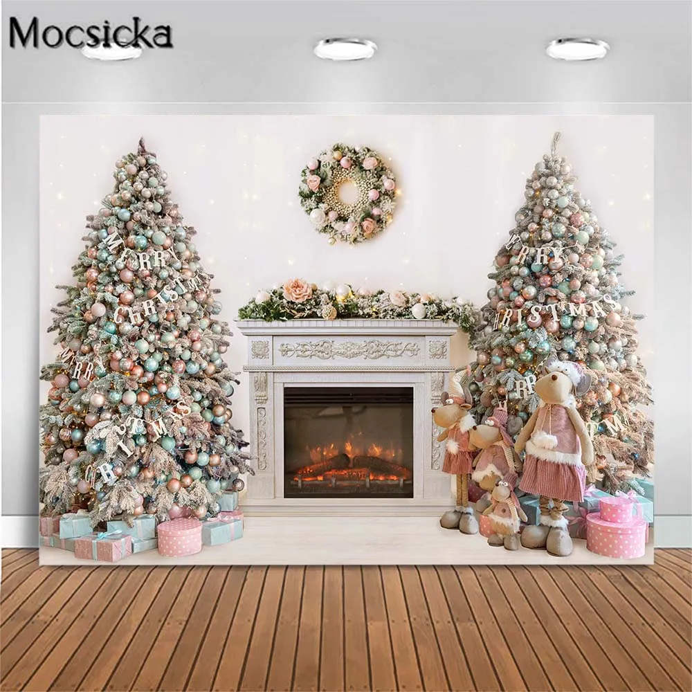 

Mocsicka Merry Christmas Photo Background Xmas Tree White Fireplace Wreath Indoor Family Portrait Photography Backdrop Photocall