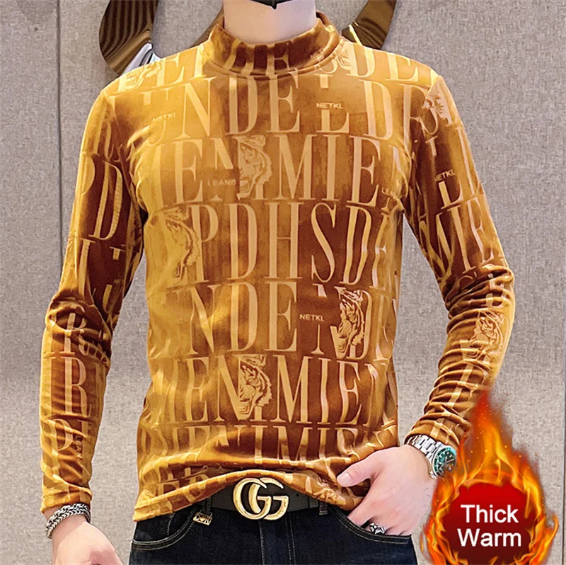 

2023 Spring Golden Velvet Letter Print T Shirt Half Turtleneck Men Club Outfits Tshirt Men Casual T Shirt Homme Royal Blue