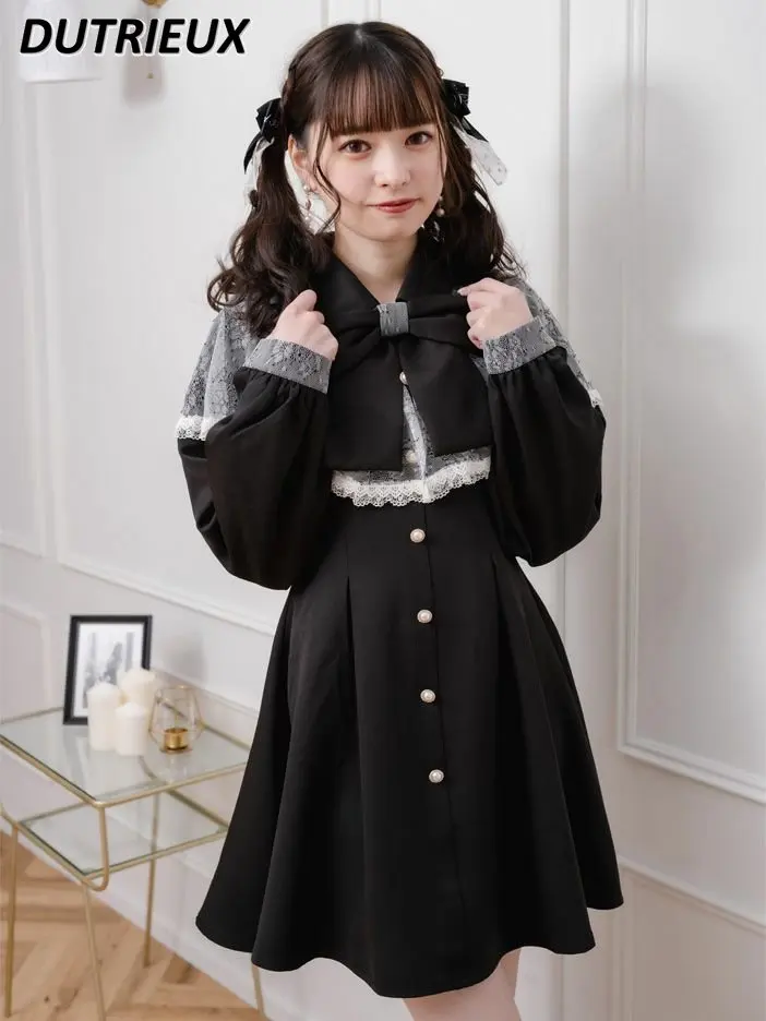 

Japanese Rojita Lace Cape Design Dress Large Bow Collar Slim Fit Tight Waist Long Sleeve Dress Slimming Lolita OP Dress