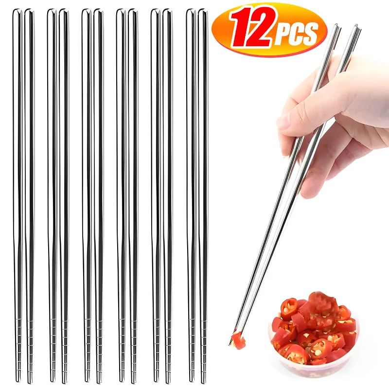 

12/2PCS Chinese Chopsticks Stainless Steel Non-slip Sushi Chopstick Korean Japanese Food Metal Sticks Kitchen Tableware Set