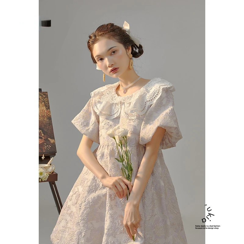 

French Princess Court Style Lace Doll Collar Dress Short Puff Sleeve Mini Ball Gown Dress New Summer Holiday Fairy Party Dress