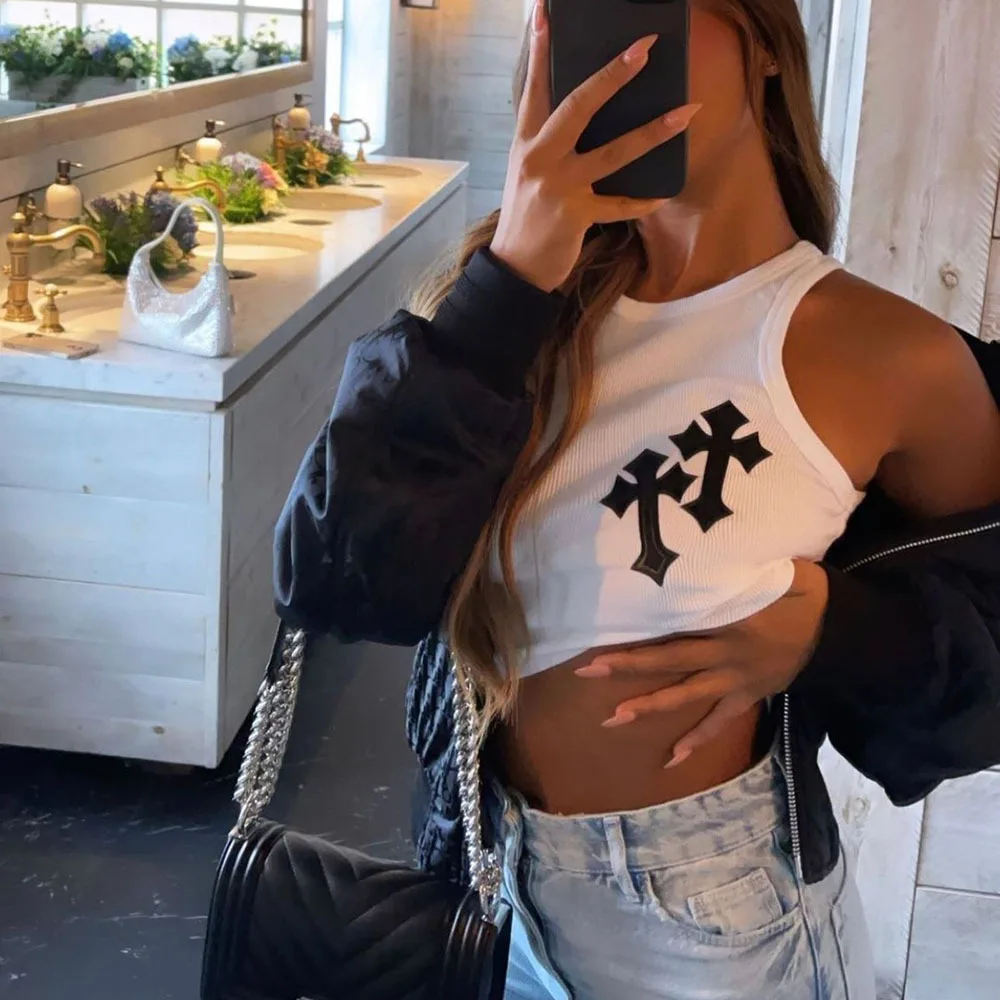 

Y2K Cross Print Crop Top Women Fashion Sleeveless O-Neck Basic Slim Vest Tee Cool Girls Streetwear Vintage Gothic Tanks