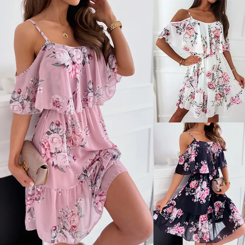 

2023 Women's Fashion Sexy New Spring/Summer New Chiffon Printed Off Shoulder Sexy Dress
