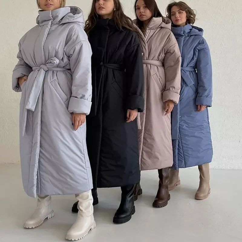 Winter Solid Hooded Parkas Women Fashion Tie Belt Collected Waisted Coats Women Elegant Long Cotton Jackets Female Ladies
