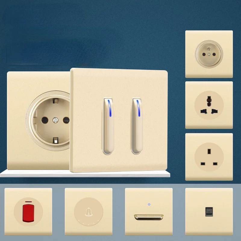 

1 2 3 4 gang Gold plastic piano key toggle design reset switch socket LED indicator 13a 16a socket European standard USB TV