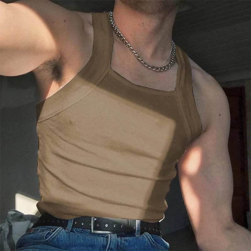 

Fashion 2023 Striped Strap Pullover Shirt Man Sexy Breathable Solid Vest Top Streetwear Summer Square Collar Men t Shirt Tank