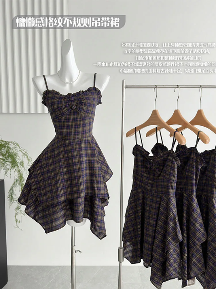 Винтажное модное пикантное платье в стиле пэчворк на бретелях-спагетти Лето 2024