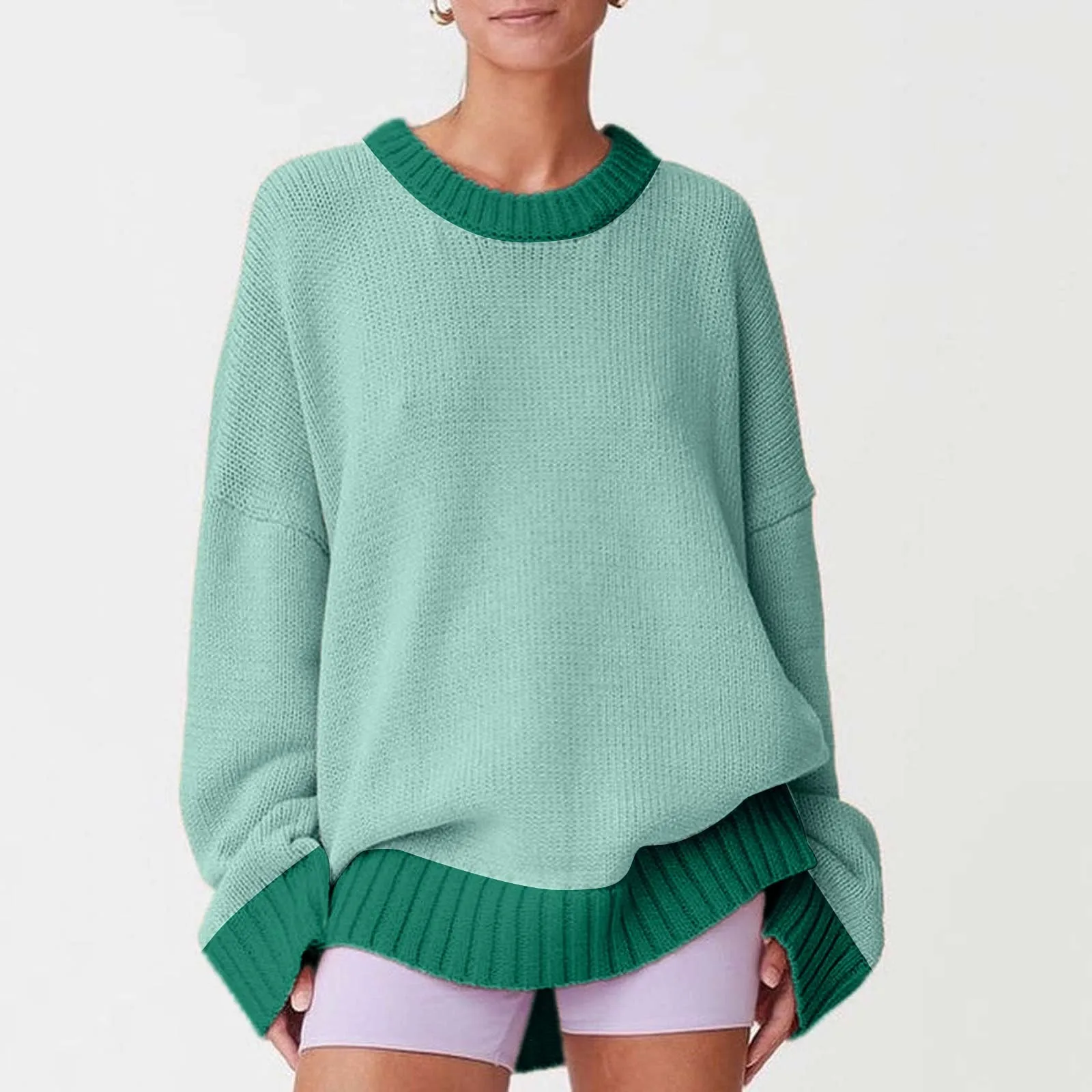 

Зимний женский свитер, вязаный Повседневный Свободный пуловер, трикотажный джемпер, контрастный пуловер с длинным рукавом, свитеры оверсайз для женщин