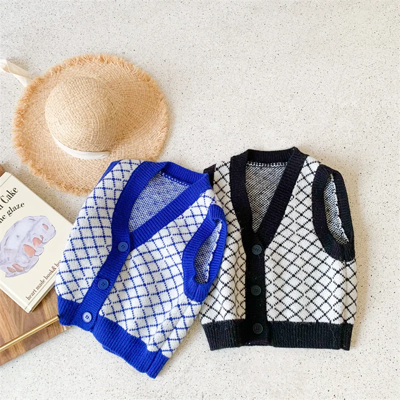 

2022 Kids Knit Coat Toddler Girls Knitted Vest Children Vintage Sleeveless Top Korean Spring Baby Boys Knitting Cardigan Sweater