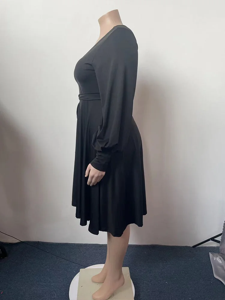 Plus Size Fit and Flare Dresses Women's Costumes Classic Deep V Neck Long Sleeve High Waisted Pleated Knee Length Robe