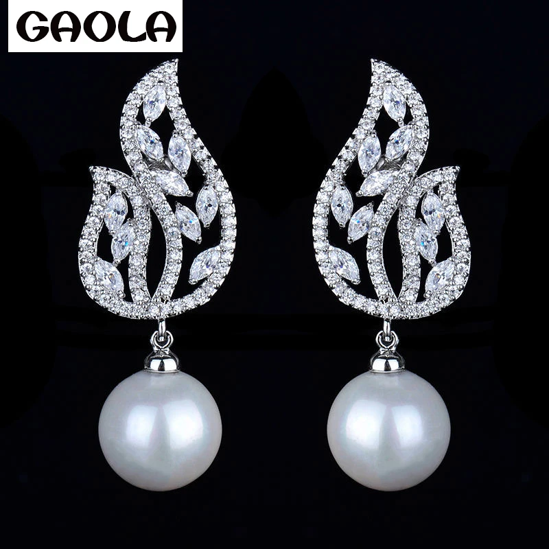 

GAOLA Western Style Rhyme Autumn Leaf shape AAA Cubic Zirconia dangle Earring Female pearl Earrings Jewelry GLE4568-1259
