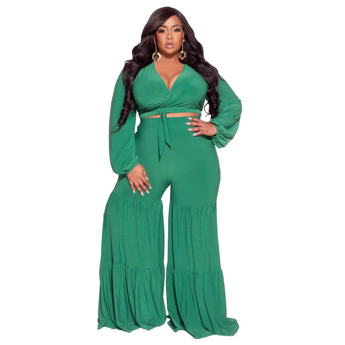Plus Size Matching Sets Womens Tracksuit Set Solid Long Sleeve V-Neck Lace Up Elastic Waist Slim Office Lady Clothes for Women