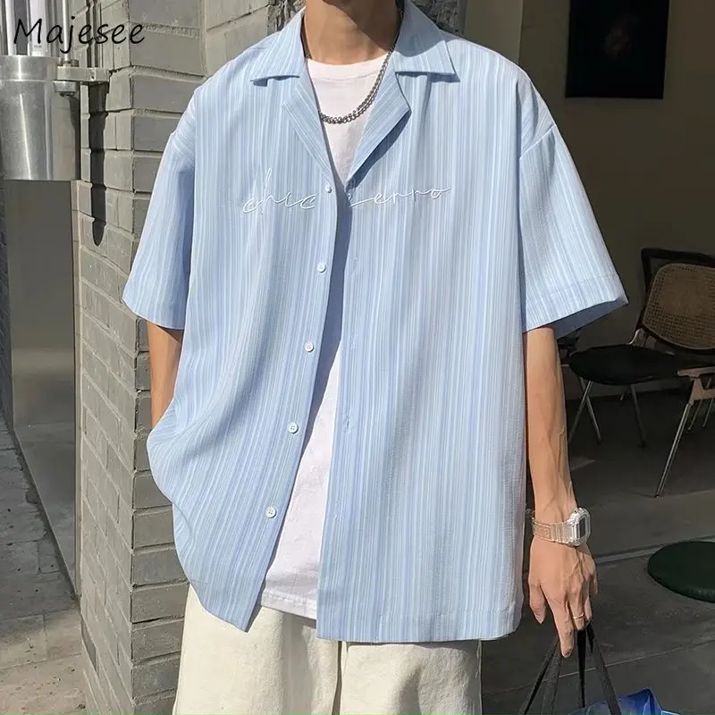 

Shirts Men Fashion Striped Retro Preppy Style Button Up Japanese Fashion Simple Gentle College All-match Handsome Streetwear Ins