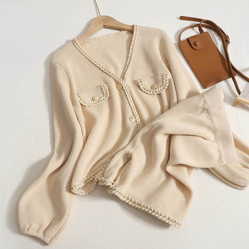 

New 2022 Spring Party Knitted Two Piece Set Autumn Vintage Chic V Neck Long Sleeve Top+High Waist Casual Women Sexy Outfits