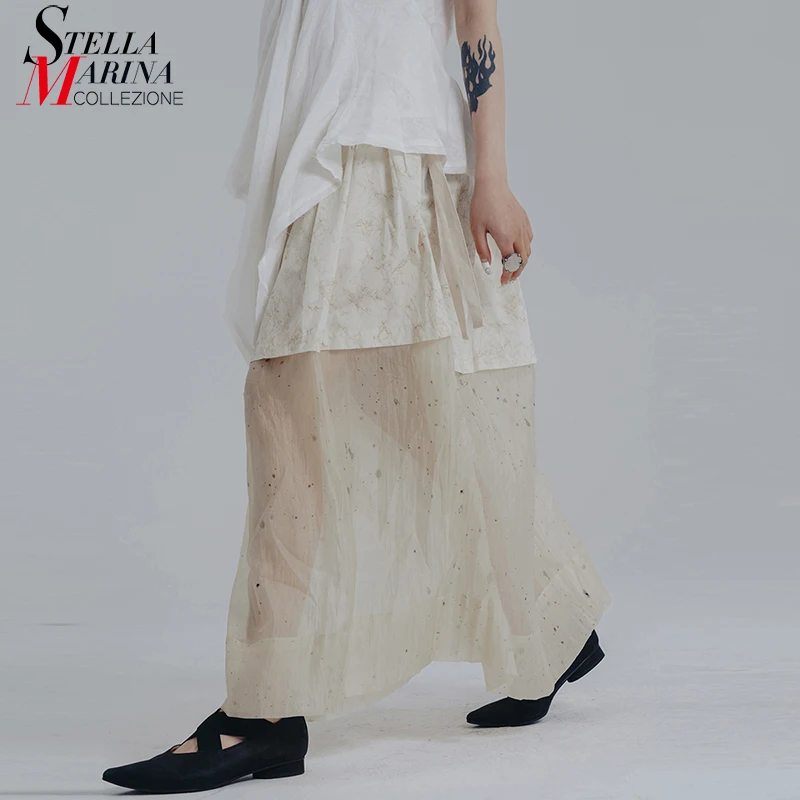 

New 2022 Summer Korean Style Woman Printed Mesh Patchwork White Skirt Elastic Waist Ankle Length Casual Long Holiday Skirt apw38