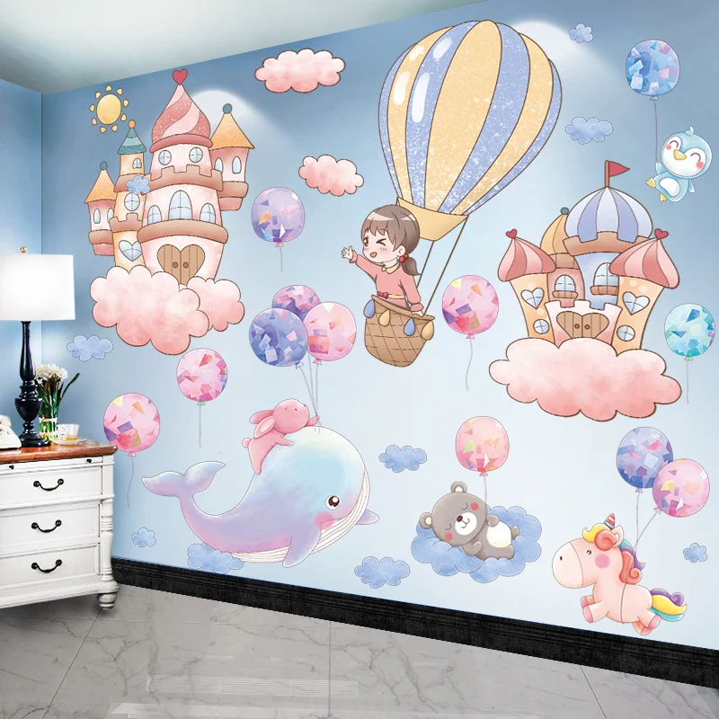 

[SHIJUEHEZI] Castles Girl Wall Stickers DIY Balloons Animals Mural Decals for Kids Room Baby Bedroom Nursery House Decoration