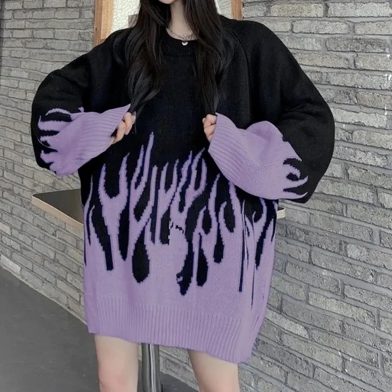 

Gothic Streetwear Purple Fire Printed Knitted Sweater Women Harajuku Hippie Vintage O-Neck Oversize Long Sleeve Jumper