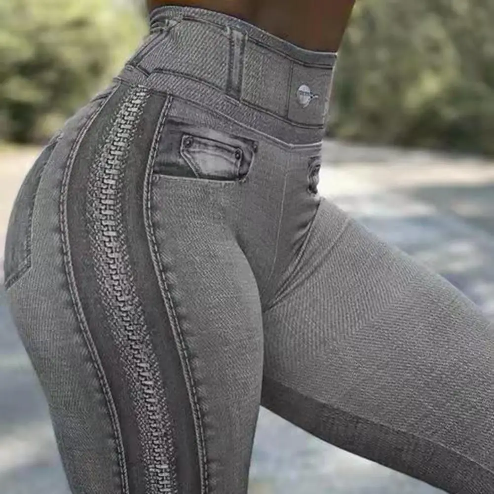 

Stylish Yoga Pants All-matched Tights Women Zipper Print Faux Denim Jeans Hip Lifting Imitation Jeans Leggings for Gym
