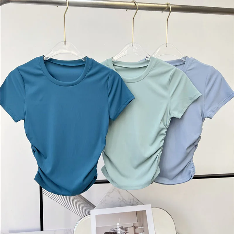 Side Pleated  Yoga Sport T Shirts Women Casual Ribbed Athletic Workout Short Sleeved Top Outfits