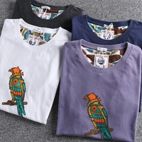 2022 summer new flocking bird print short sleeved t shirt mens washed brushed cotton half sleeved youth round neck top