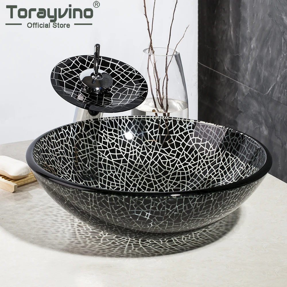 

Torayvino Hand Painting Bathroom Black & White Washbasin Tempered Glass Vessel Sink Waterfall Oil Rubbed Bronze Faucet Set