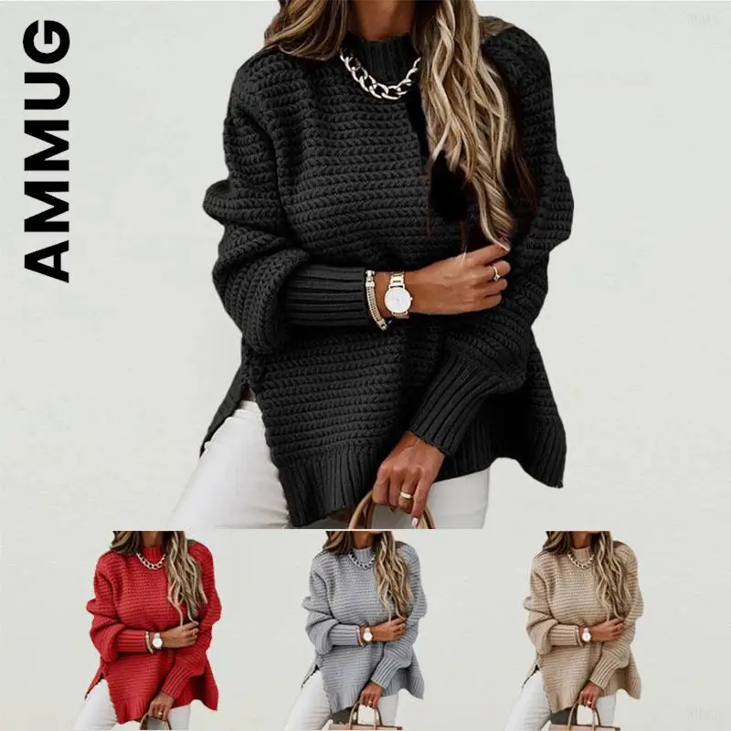 

Модный женский свитер Ammug, вязаные простые женские свитера для отдыха 2022, недорогой Мягкий Топ с круглым вырезом, женские свободные милые же...