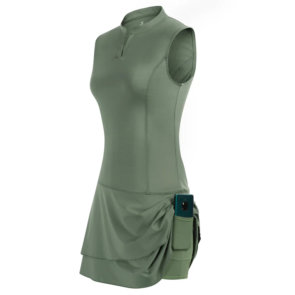 

JS Dress Women Stand Collar Sports Dresses + Pocket With Briefs Sleeveless Fashion Tennis Golf V-Neck Breathable A-Line Dress