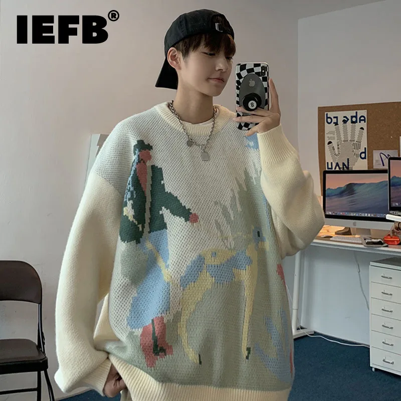 

IEFB Casual Loose Male Pullover Knitwear Contrast Color Figure Pattern Round Neck Sweater 2023 Spring Men's Clothing 9A6607