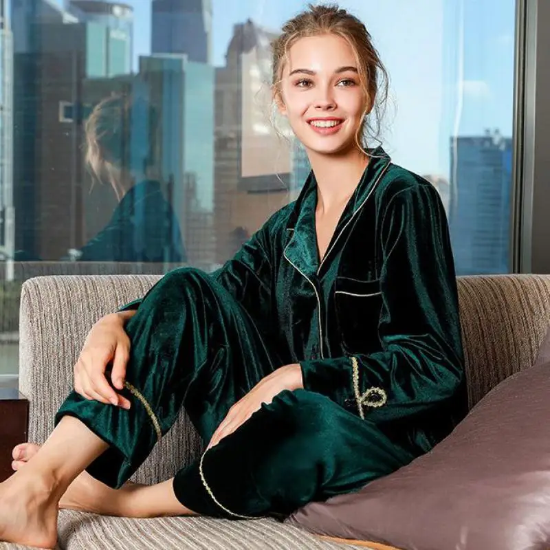 

Green Women Sleepwear Velour Casual 2PCS Pajamas Suit 2022 Autumn New Long Sleeve Home Clothing Intimate Lingerie Velvet Pyjamas