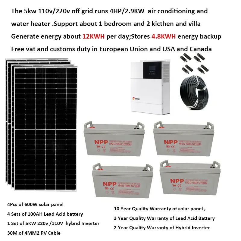 Solar Panel Kit Complete With Battery 5000W 220V 110V Solar Panel 600W UPS Hybrid Inverter Off Grid System 4HP Farm Car Caravan