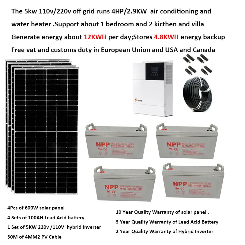 

Solar Panel Kit Complete With Battery 5000W 220V 110V Solar Panel 600W UPS Hybrid Inverter Off Grid System 4HP Farm Car Caravan