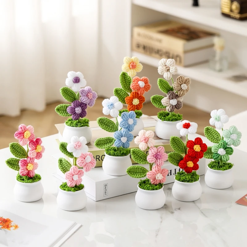 Дейзи Вязаные крючком цветы в горшках Свадебные гости Подарок Украшение комнаты