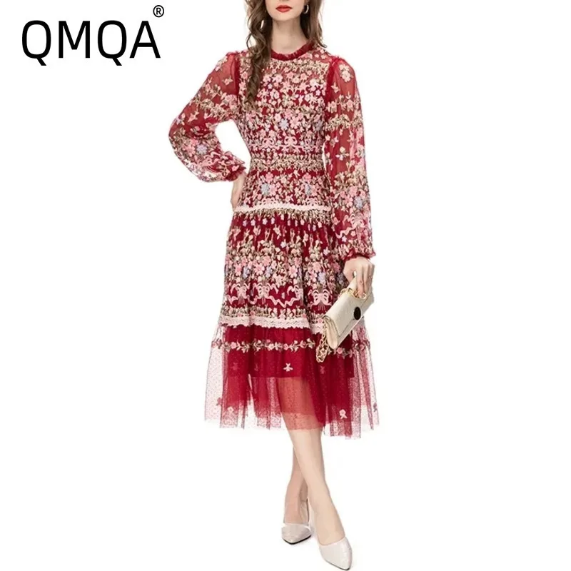 QMQA модные женские элегантные роскошные платья с длинным рукавом сетчатое платье