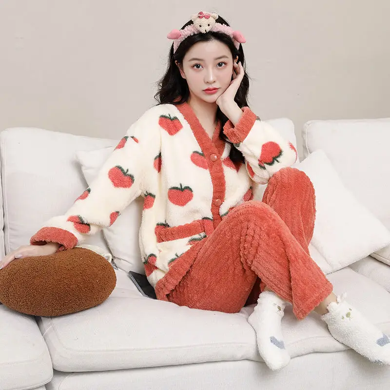 

Winter Thickened Pajamas Ladies Coral Velvet Plus Size Padded Two-piece Homewear Set Strawberry Pajamas Cute Ladies Homewear