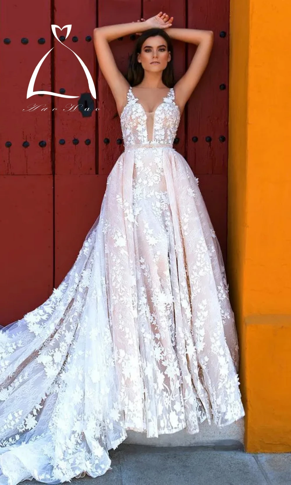 Свадебное платье со съемным шлейфом Haohao модель 2024 года Кружевная аппликация