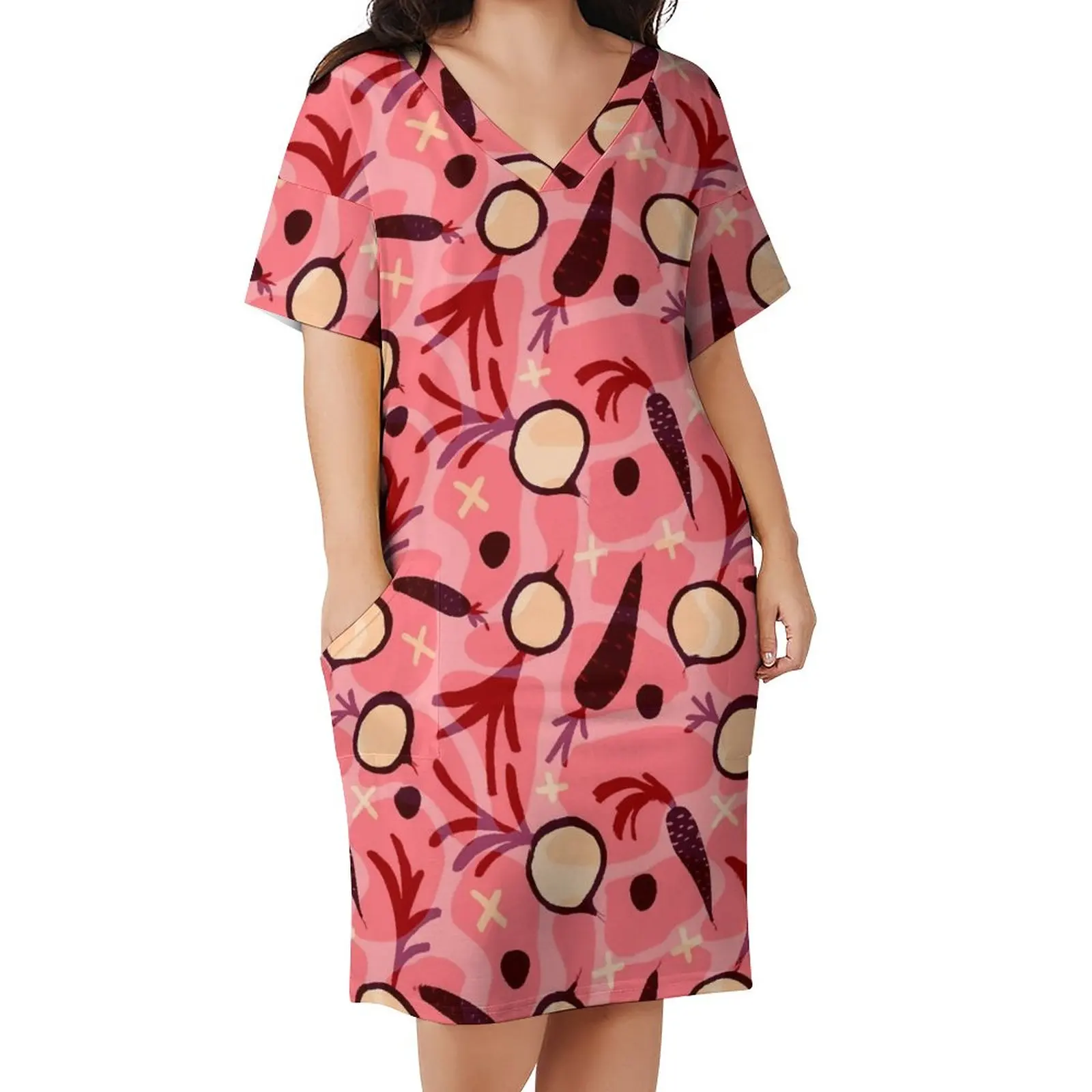 

Женское платье с V-образным вырезом, розовое и фиолетовое платье в уличном стиле с изображением моркови и редиков, летнее Элегантное повседневное платье большого размера