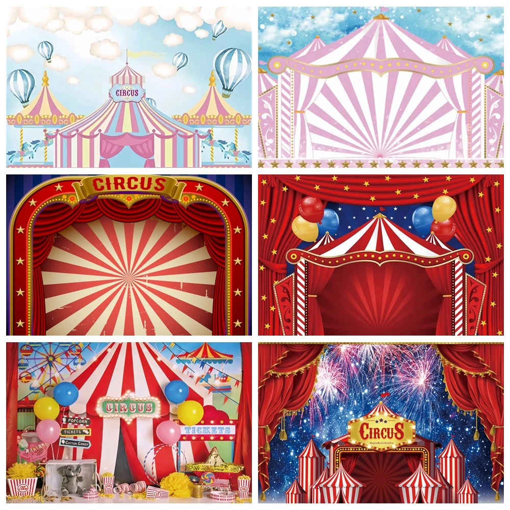 

Birthday Party Circus Theme Clown Play Show Red Curtain Baby Child Background Photography Backdrops for Photo Studio