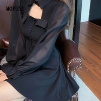 casual long sleeve dresses women thin above knee french ins new flare sleeve korean button sundress quality streetwear all match
