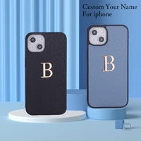 diy custom your name a z pebble leather metal letter phone case for iphone11 12 13pro max xr xs 7 8plus soft silicone phone case