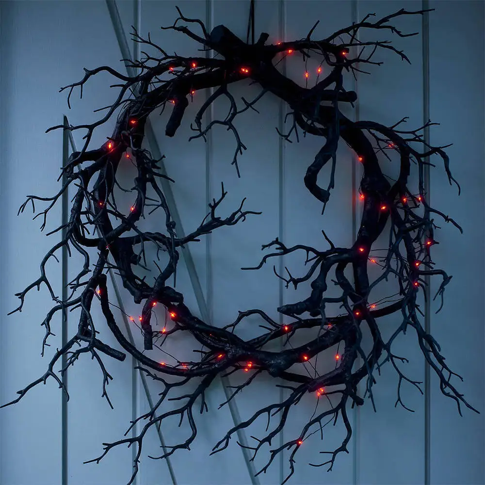 

43cm Glowing Black Branch Wreaths Horror Artificial Plastic Branch Garland For Halloween Garden Door Hanging Ornaments Wreath