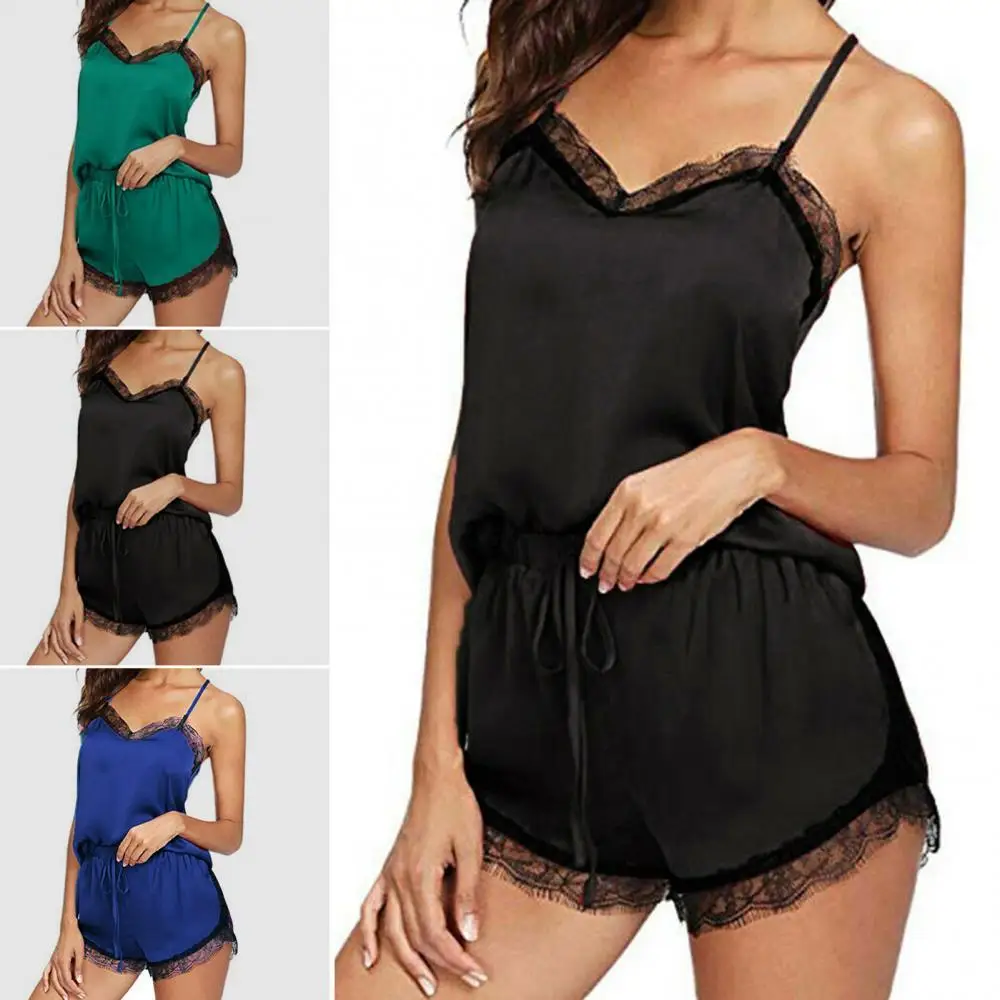 

Women Summer Sexy Silky Pajama Lace Vest Top Shorts Pants Home Underwear Sleepwear Set